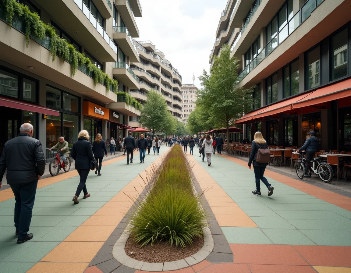 Rue piétonne européenne réaménagée avec marquages au sol graphiques colorés, jardinières linéaires et terrasse de café intégrée au design urbain