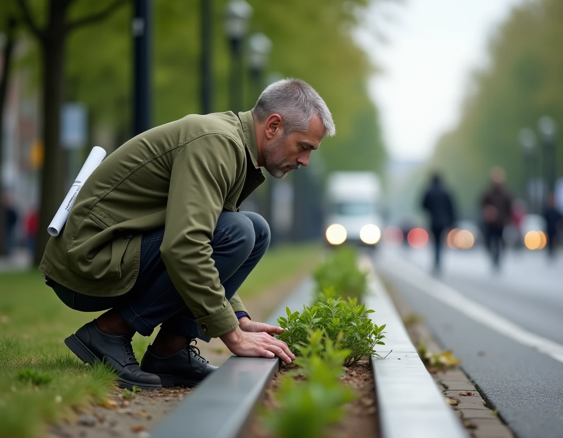 Architecte paysagiste inspectant un système de jardinières modulaires sur un boulevard urbain avec tramway et passants en arrière-plan flou