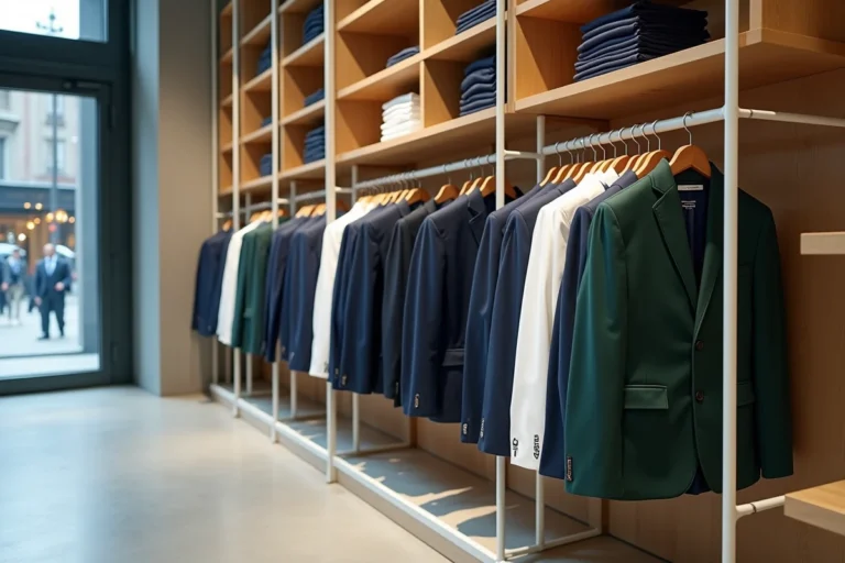 Intérieur d'une boutique de mode premium présentant des polos et vêtements de sport de luxe sur des portants minimalistes, évoquant les grandes marques concurrentes de Lacoste
