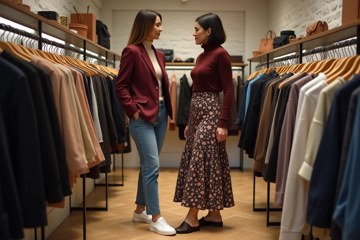 Deux femmes découvrent les nouvelles collections de mode dans une boutique tendance du Marais à Paris