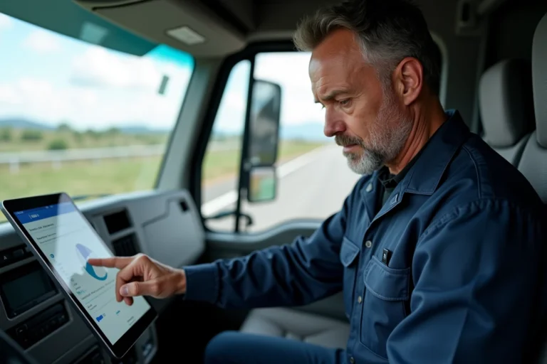 Conducteur de camion utilisant une tablette numérique dans la cabine