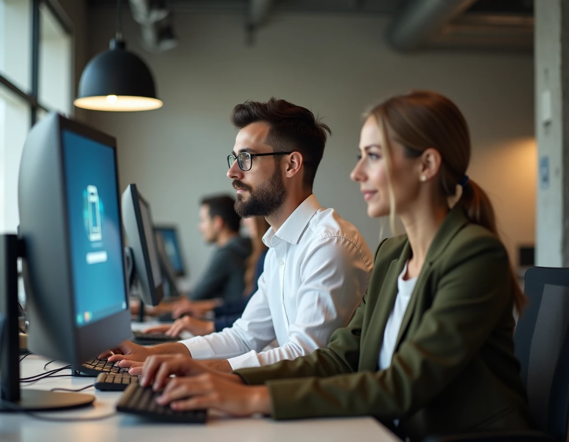 Deux collègues de bureau accédant ensemble à une zone de téléchargement gratuit sur un ordinateur de bureau en open space
