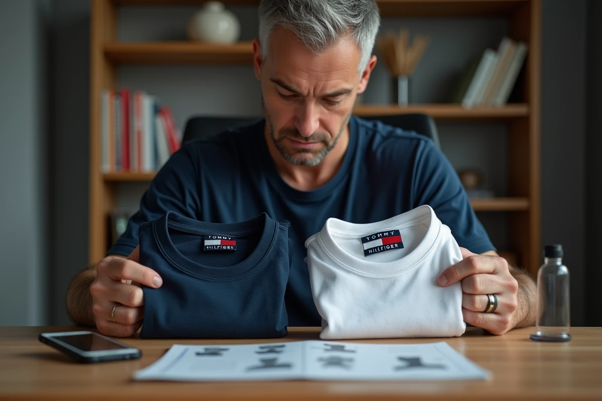 Homme comparant deux t-shirts Tommy Hilfiger côte à côte sur un bureau pour identifier une contrefaçon grâce aux détails du logo et des coutures