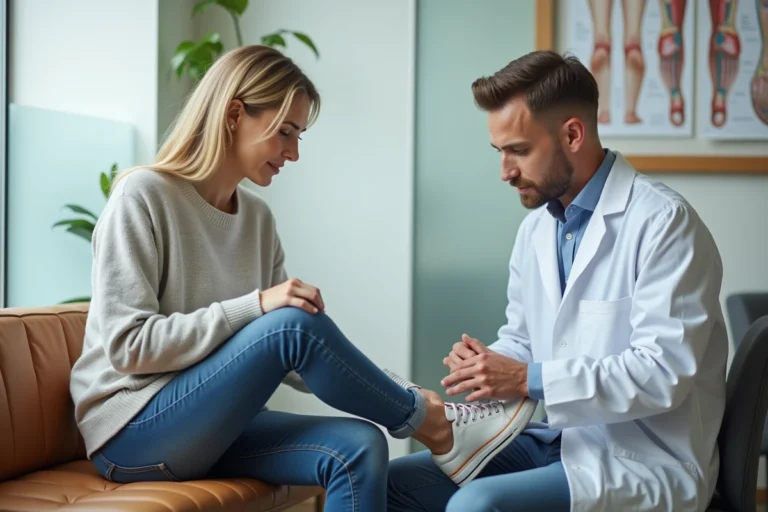 Femme assise chez le podologue pour un examen du pied