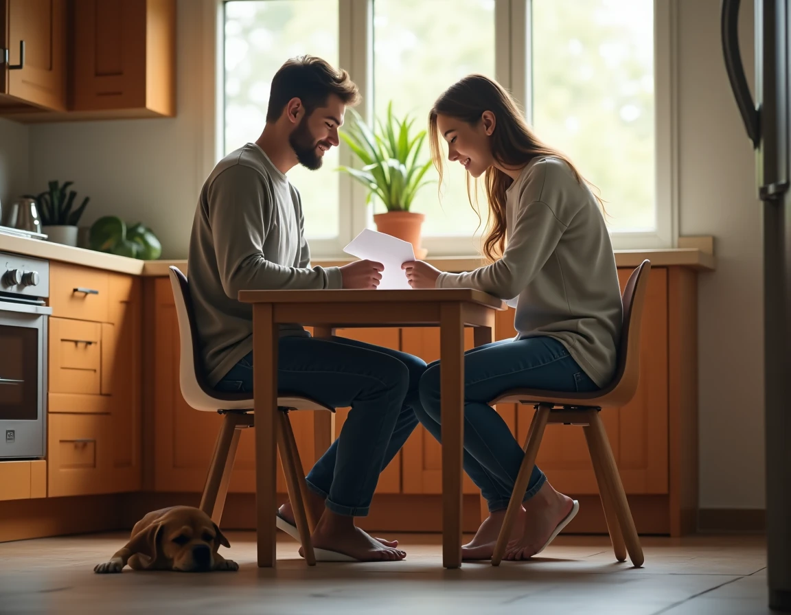 Couple consultant des documents d'assurance à la maison avec leur chien beagle, représentant la souscription d'une assurance santé pour animaux