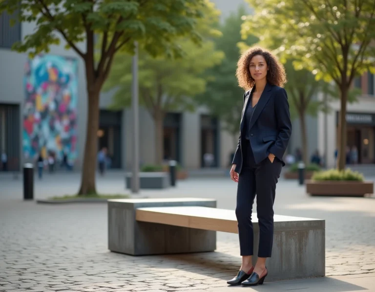 Designer urbaine debout près d'un banc sculptural en acier et bois dans une place publique réaménagée avec des pavés et une fresque murale