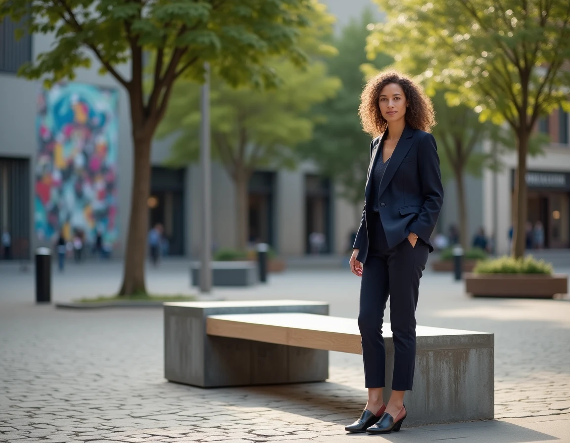 Designer urbaine debout près d'un banc sculptural en acier et bois dans une place publique réaménagée avec des pavés et une fresque murale