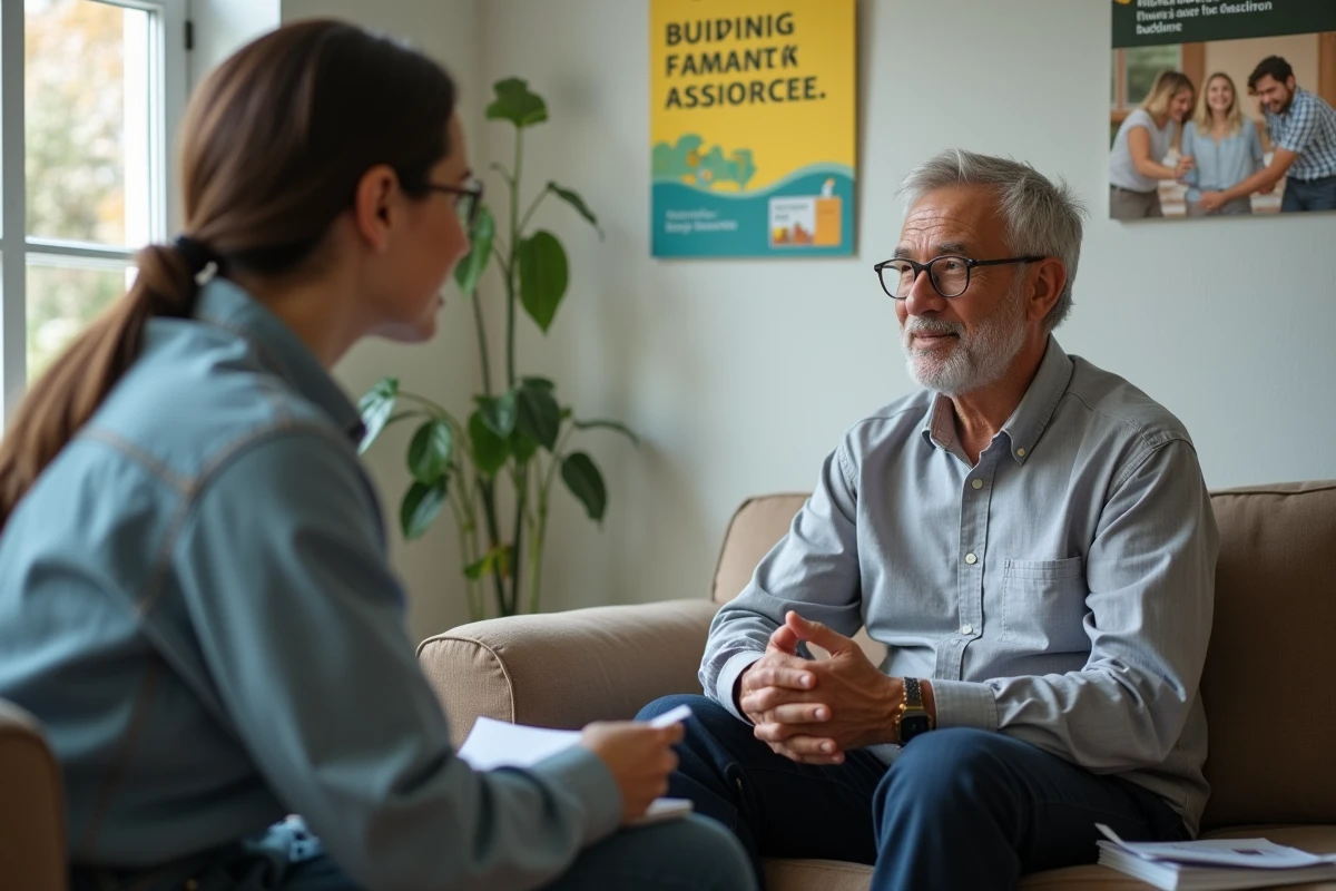 Homme et assistante sociale discutent dans un bureau accueillant