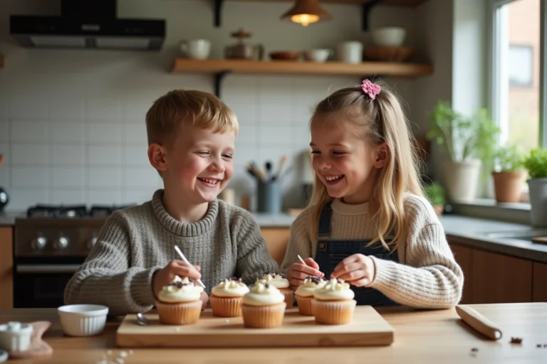 Jeunes enfants décorant des cupcakes faits maison dans la cuisine