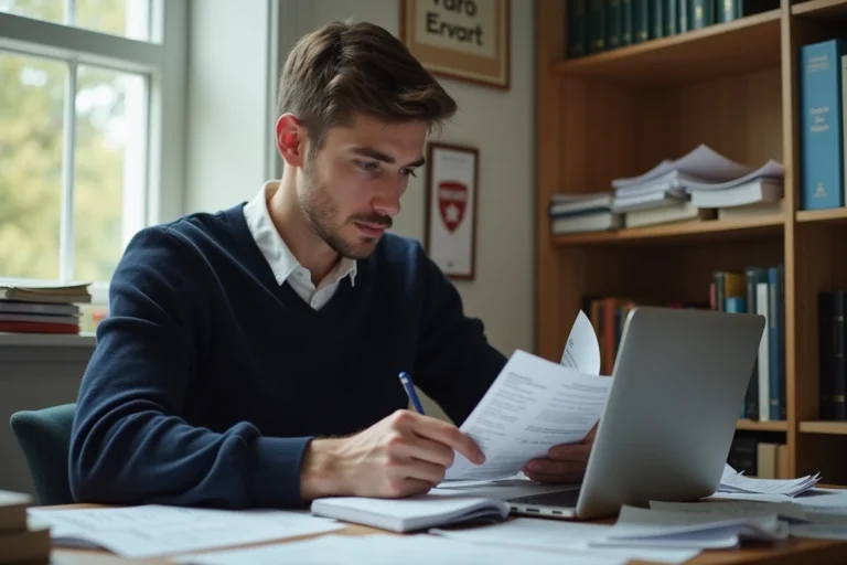 Étudiant européen étudiant à Harvard avec documents et ordinateur