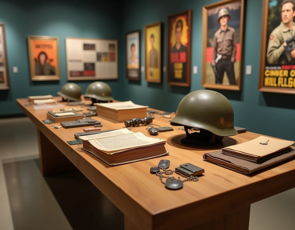 Table d'exposition muséale avec des accessoires militaires authentiques de l'ère vietnamienne et des affiches originales de films de guerre emblématiques des années 1970