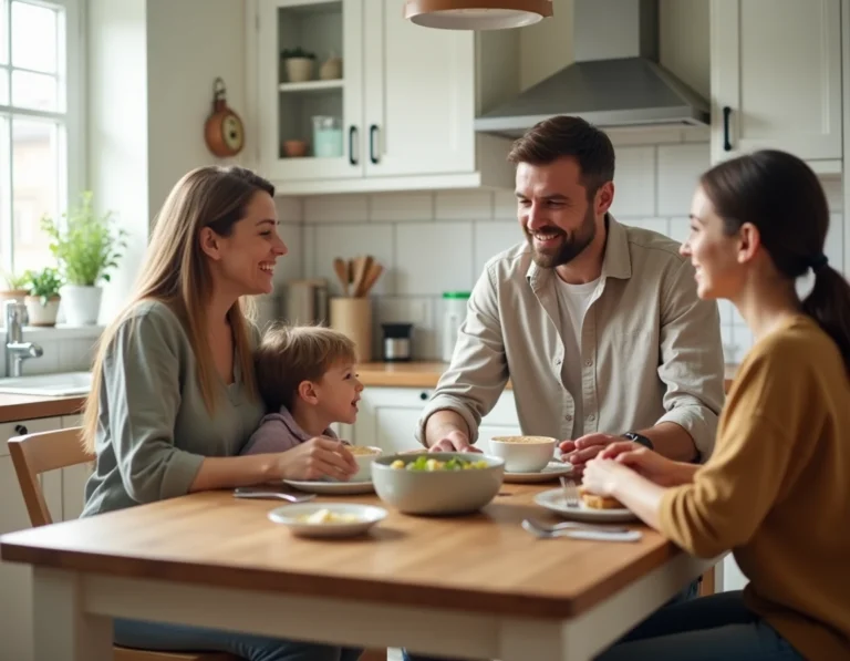 Famille réunie autour d'un petit-déjeuner convivial dans une cuisine moderne et chaleureuse
