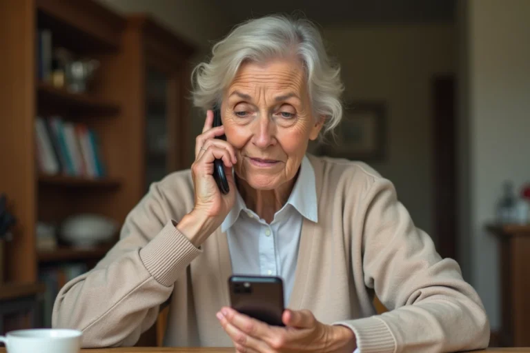 Femme âgée tenant un téléphone Doro senior contre son oreille en essayant de résoudre un problème d'appel à domicile