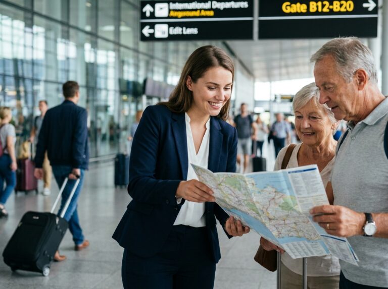 Jeune femme aidant un couple avec une carte à l'aéroport
