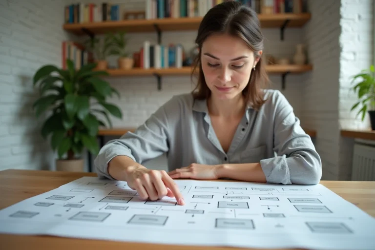 Une femme analysant une sitemap imprimée sur un bureau en bois dans un bureau à domicile moderne
