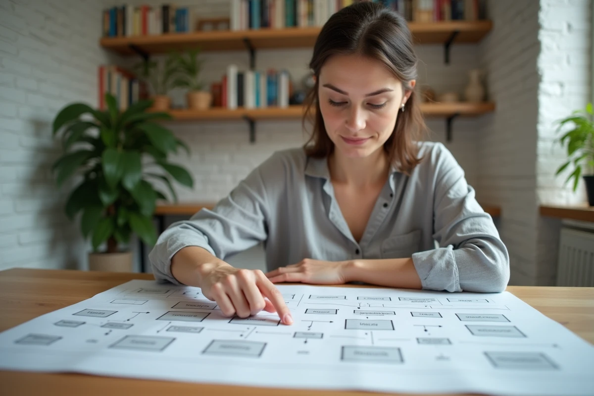 Une femme analysant une sitemap imprimée sur un bureau en bois dans un bureau à domicile moderne