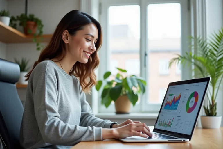 Femme travaillant sur un ordinateur portable avec des tableaux de bord d'analyse web dans un bureau moderne