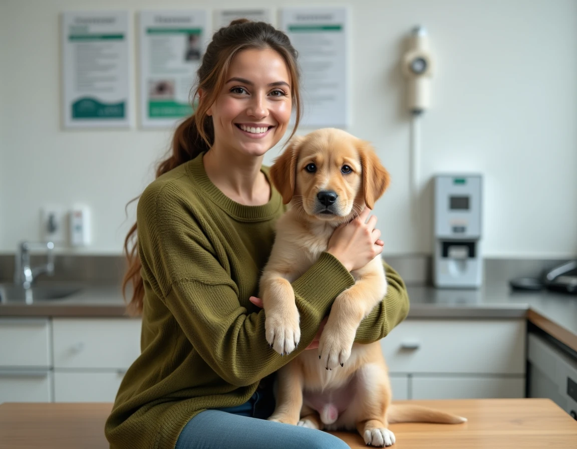 Femme tenant un chiot golden retriever chez le vétérinaire, illustrant l'importance de l'assurance santé pour animaux de compagnie