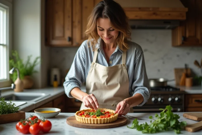 Femme préparant une tarte aux légumes colorée sur un comptoir en bois rustique dans une cuisine chaleureuse