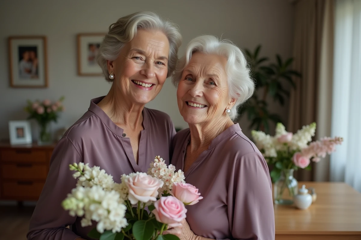 Femme âgée souriante avec bouquet de lilas et roses