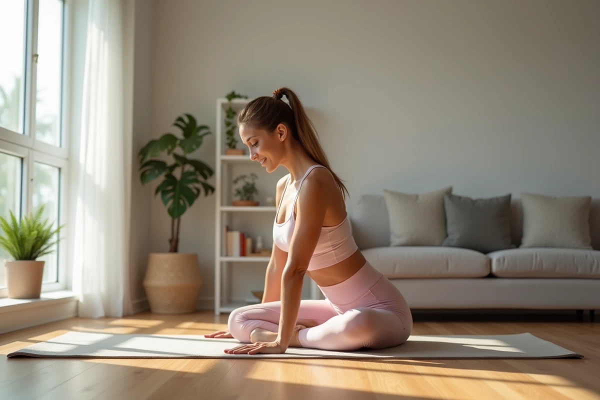 Femme en Pilates dans un salon moderne et calme