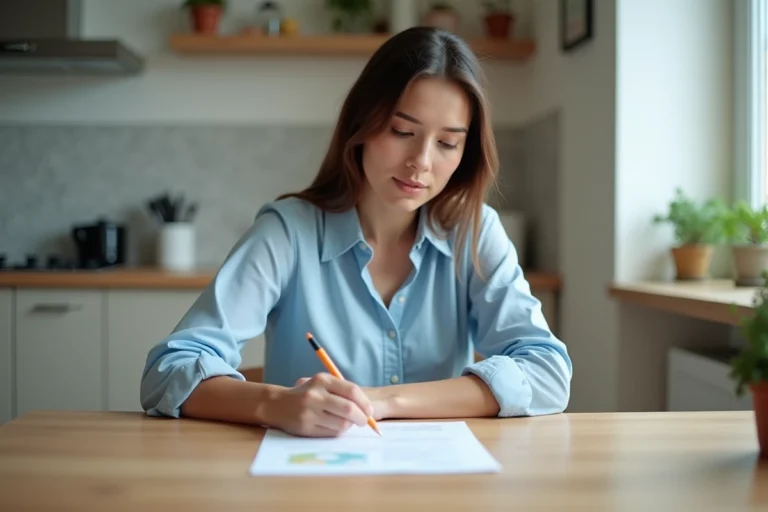 Femme remplissant un formulaire de gaz dans une cuisine moderne