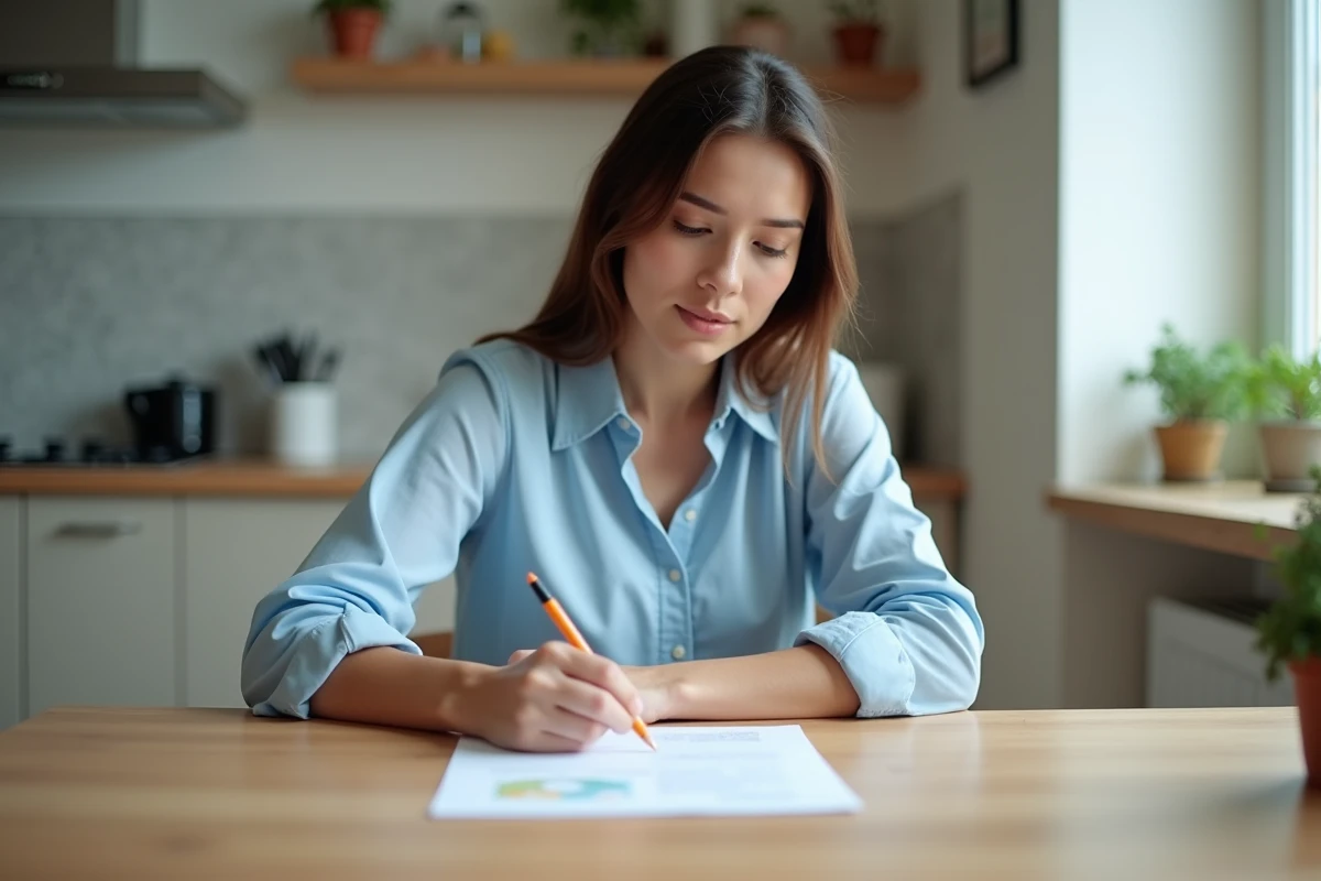Femme remplissant un formulaire de gaz dans une cuisine moderne
