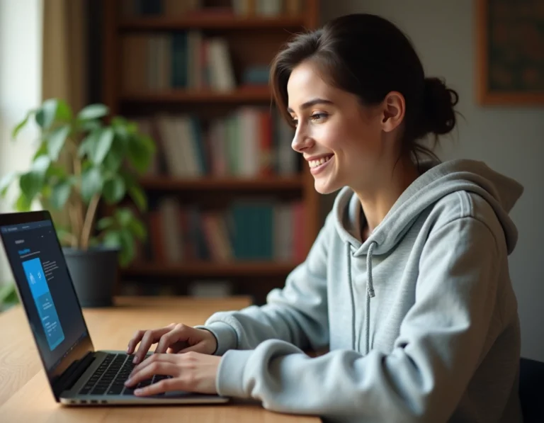Jeune femme utilisant un ordinateur portable pour accéder à une zone de téléchargement gratuit depuis son bureau à domicile