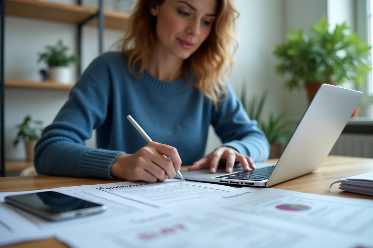 Femme concentrée travaillant sur des formulaires Pajemploi