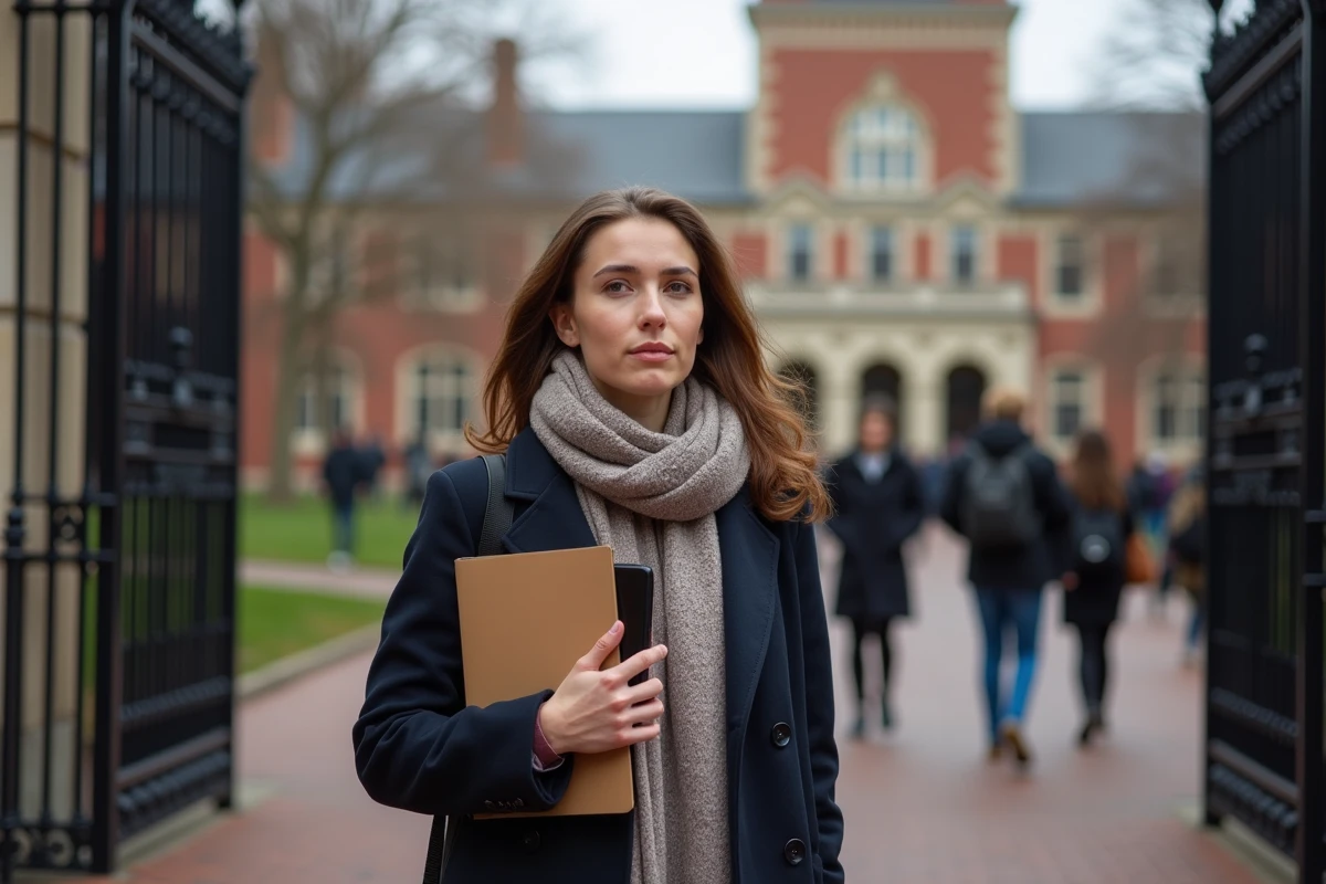 Jeune femme devant les portes emblématiques de Harvard en printemps