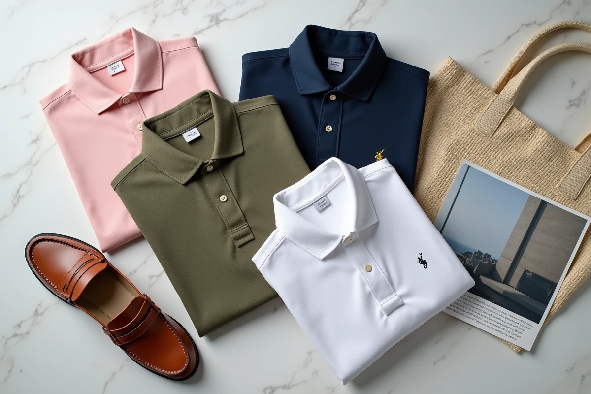 Flat lay de polos premium et accessoires de mode sur marbre blanc, représentant la comparaison entre Lacoste et ses principaux concurrents sur le marché du sportswear de luxe