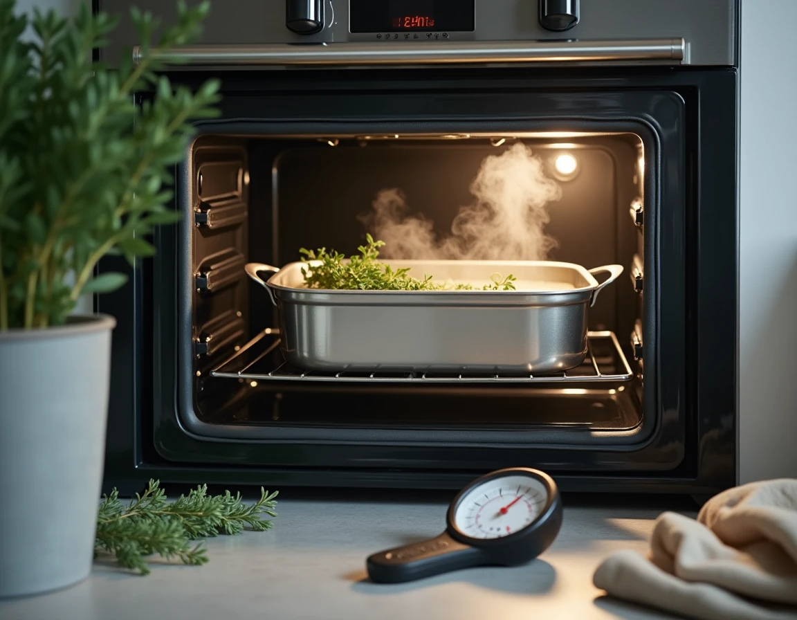 Gros plan sur un four traditionnel avec vapeur visible et herbes fraîches pour une cuisson maison