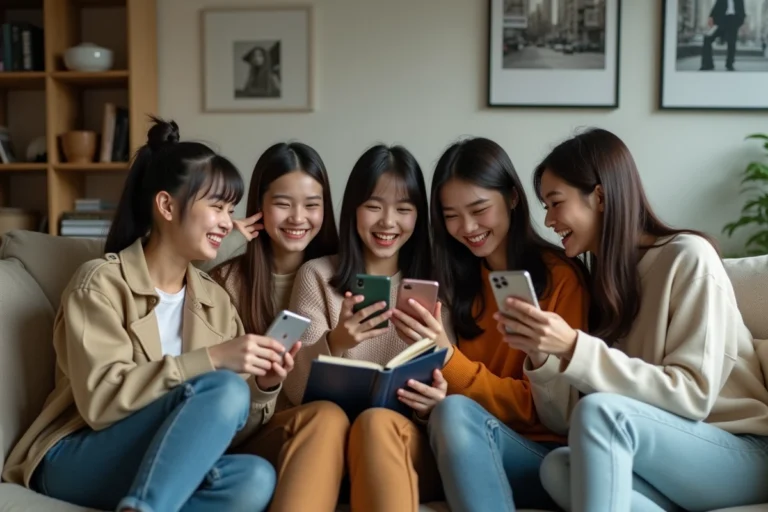 Groupe de jeunes en streetwear koreen dans un salon convivial