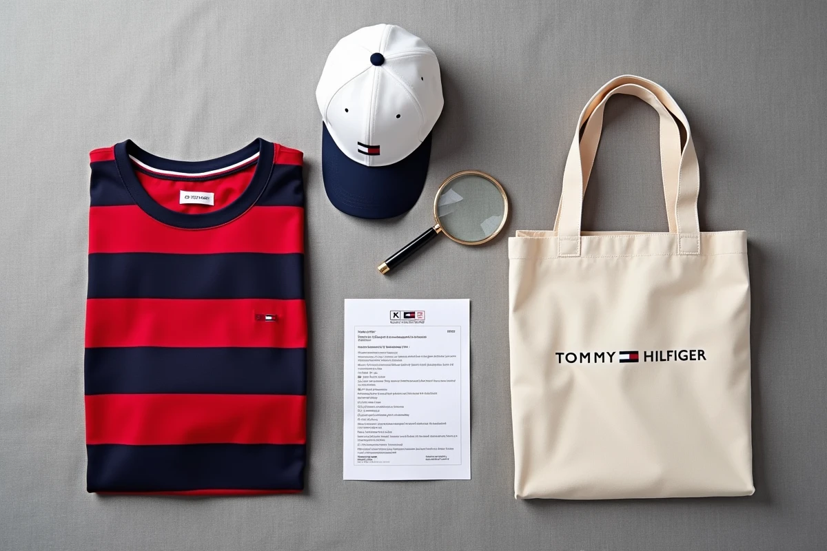 Vue du dessus de vêtements et accessoires Tommy Hilfiger authentiques disposés à plat avec une liste de contrôle d'authenticité pour reconnaître les vraies pièces de marque