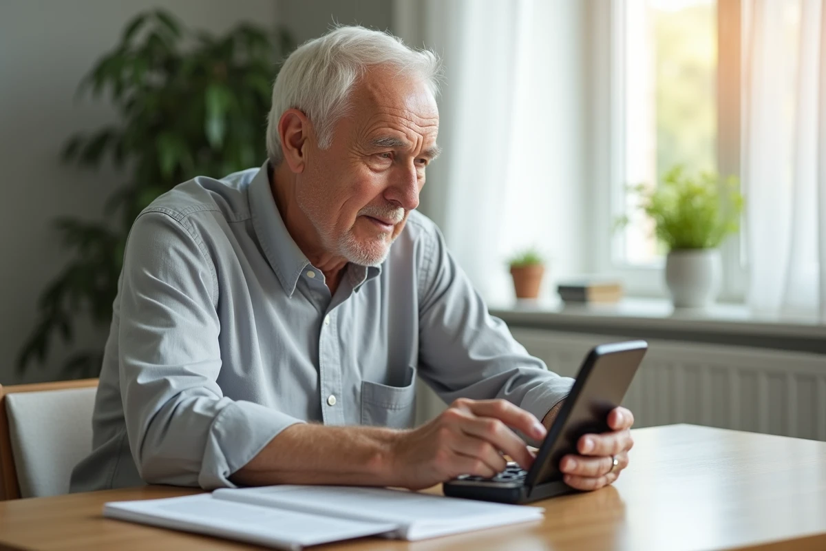 Homme âgé consultant une notice d'utilisation de téléphone Doro posé sur une table pour résoudre un problème de connexion