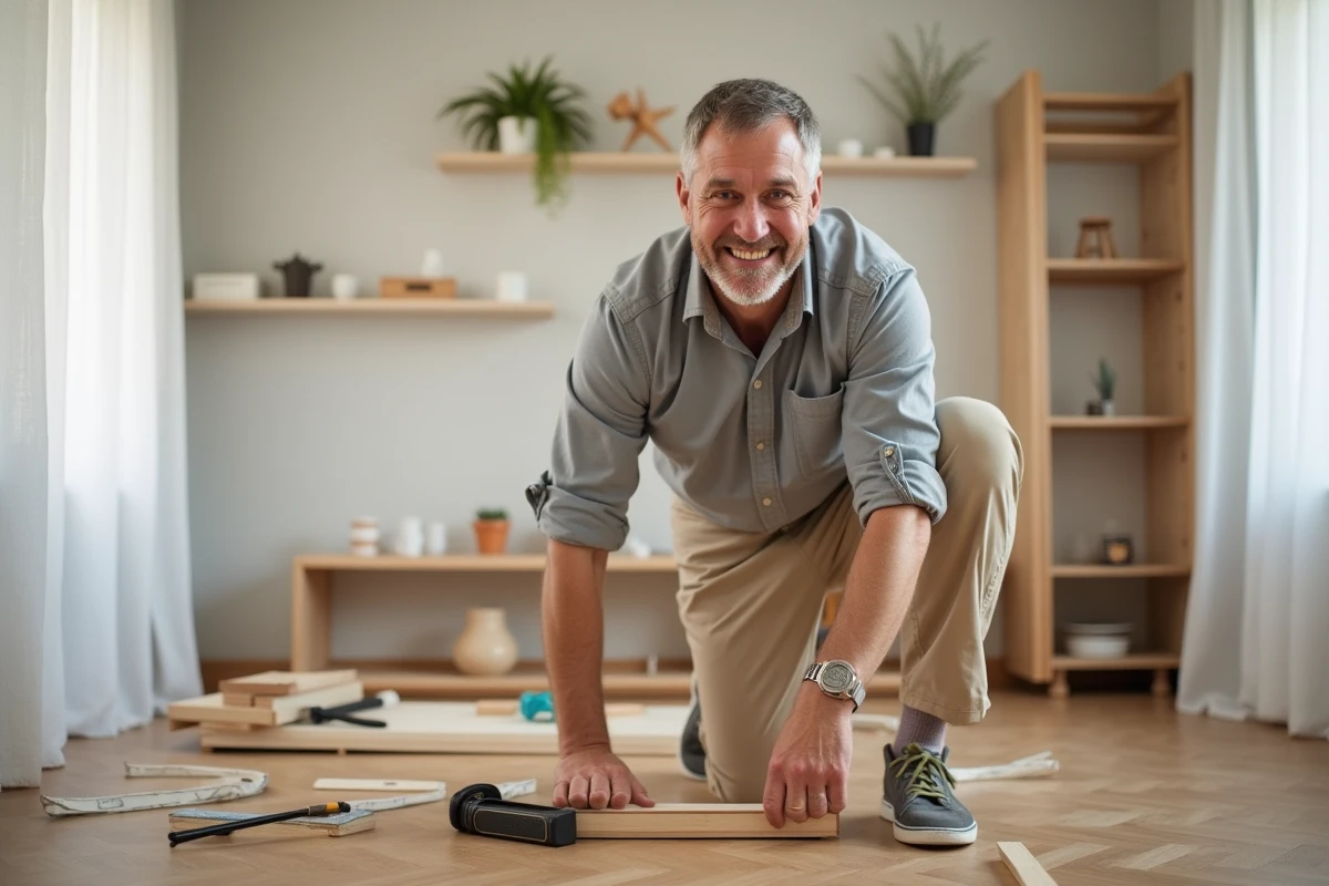 Homme en chemise retroussée assemble une étagère en bois