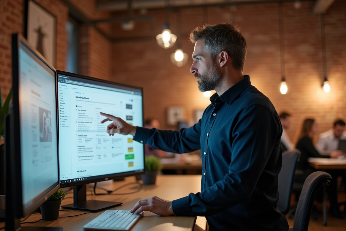 Homme présentant une maquette de site web dans un espace de coworking avec wireframes UX
