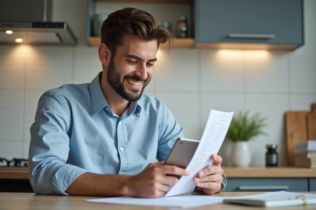 Jeune homme souriant lisant un document Pajemploi sur son téléphone