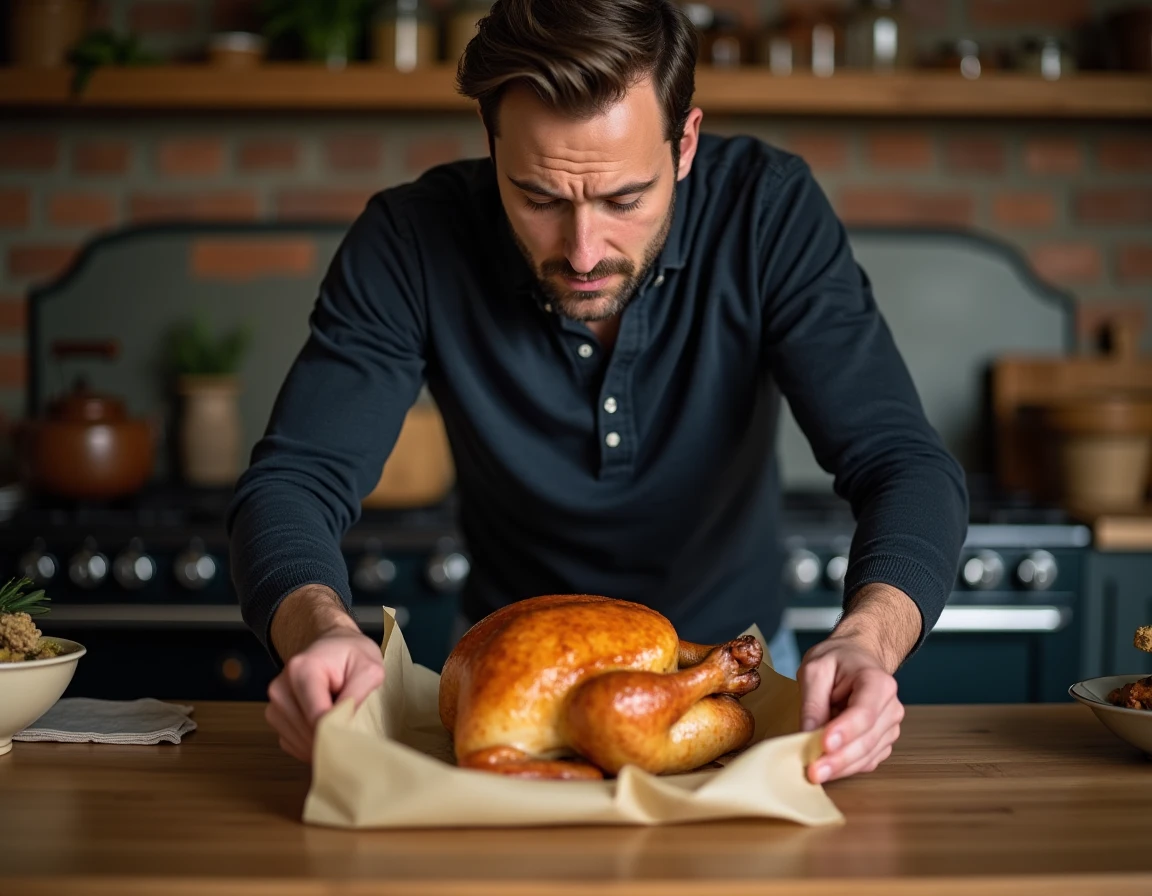 Homme enveloppant un poulet dans du papier sulfurisé pour une cuisson vapeur au four traditionnel
