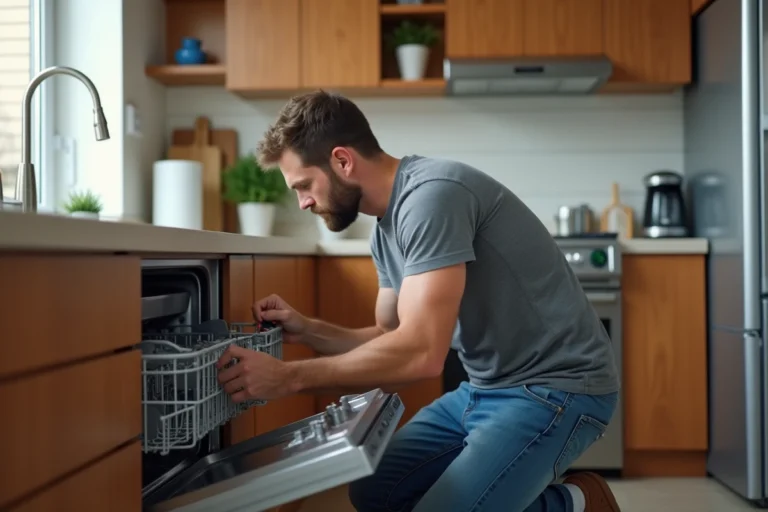 Homme d'âge moyen réparant un lave-vaisselle dans une cuisine moderne