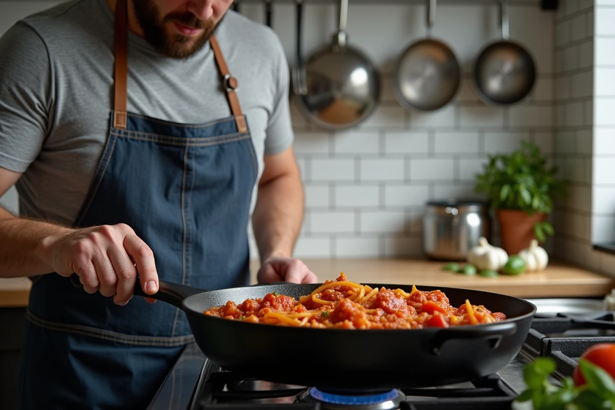 Homme remuant une sauce tomate maison dans une poêle en fonte sur une cuisinière à gaz dans une cuisine moderne