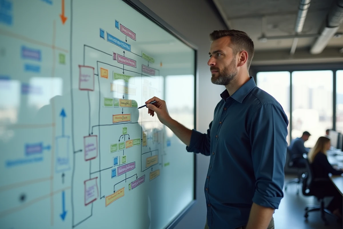 Un homme dessinant l'architecture d'une sitemap web sur un tableau blanc en verre dans un bureau d'agence