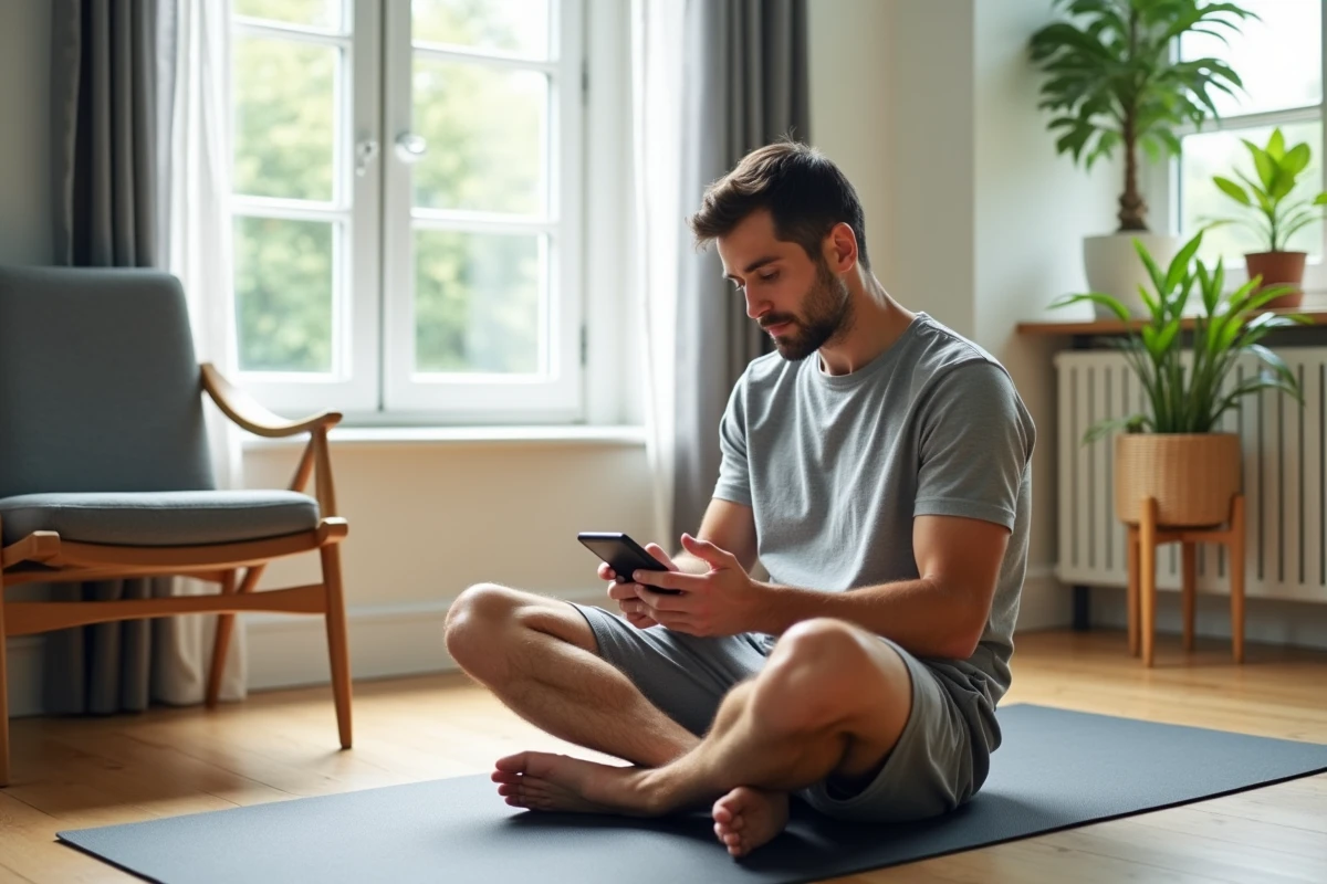 Homme vérifiant ses notes sur smartphone en Pilates