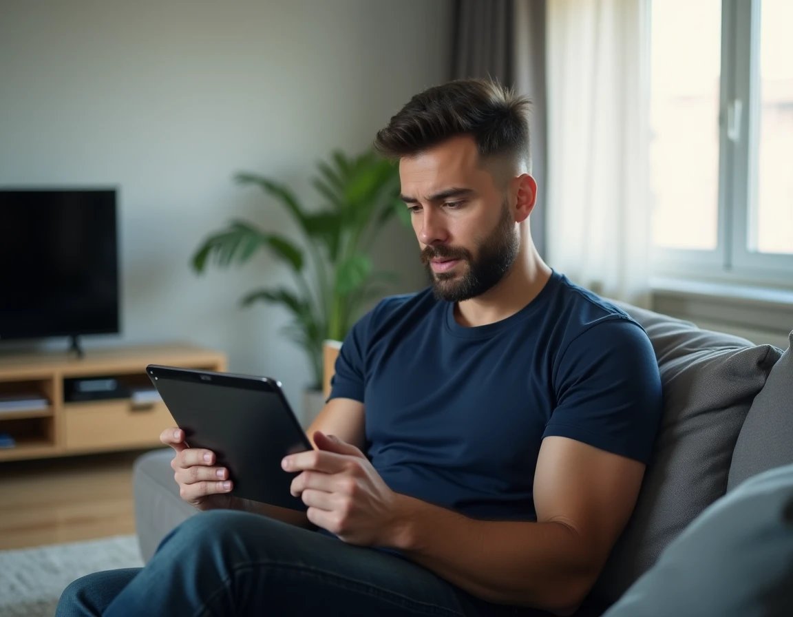Homme consultant une tablette pour télécharger des fichiers gratuitement depuis une application de zone de téléchargement
