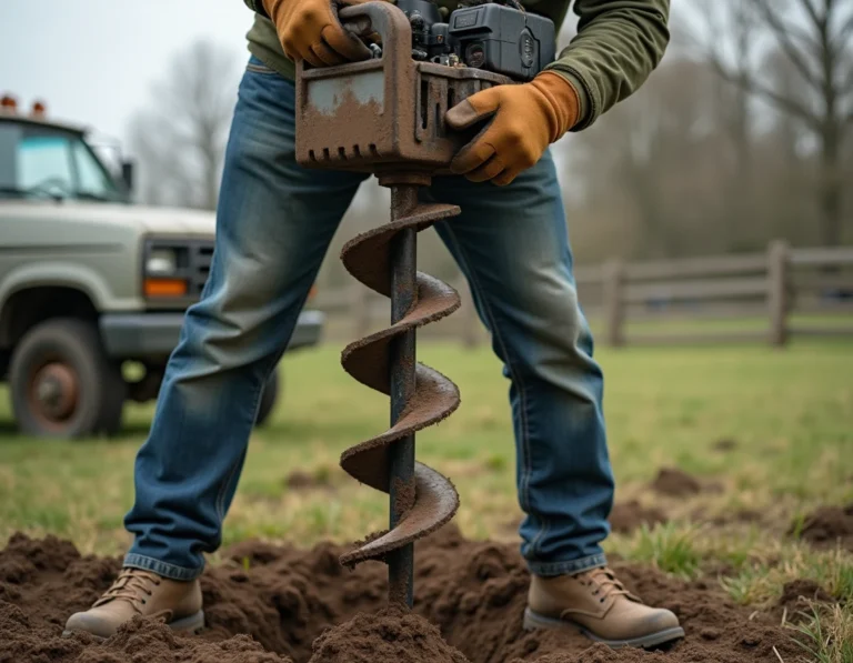 Homme utilisant une tarière thermique pour creuser un puits dans un champ rural