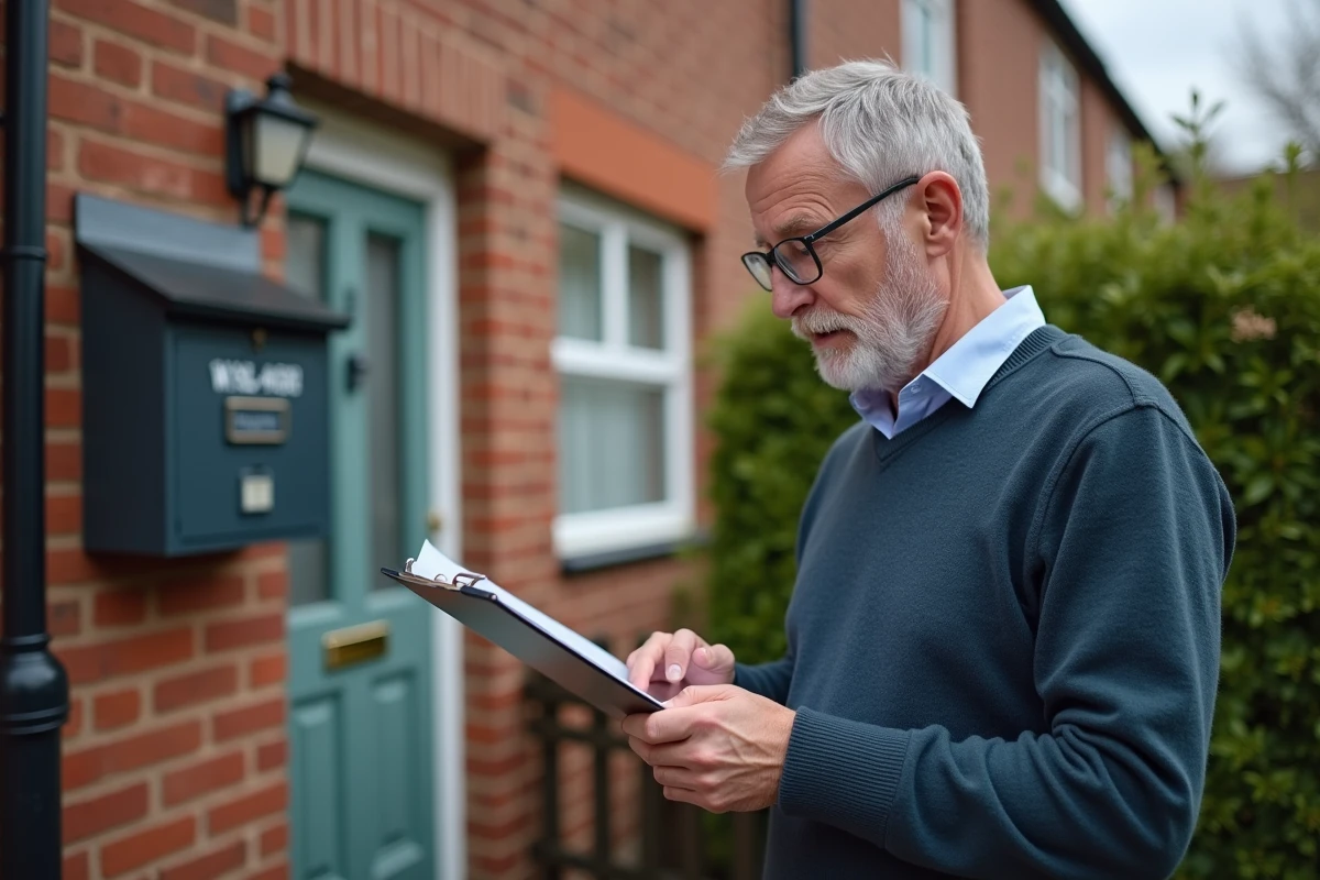 Homme vérifiant un formulaire de gaz devant sa maison en brique