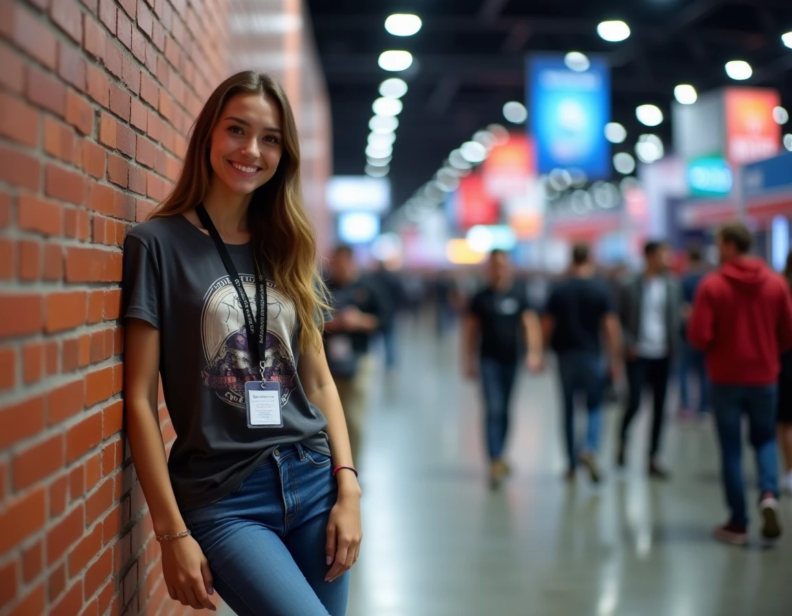 Icône du streaming gaming posant en coulisses lors d'une convention jeu vidéo avec badge et t-shirt gaming
