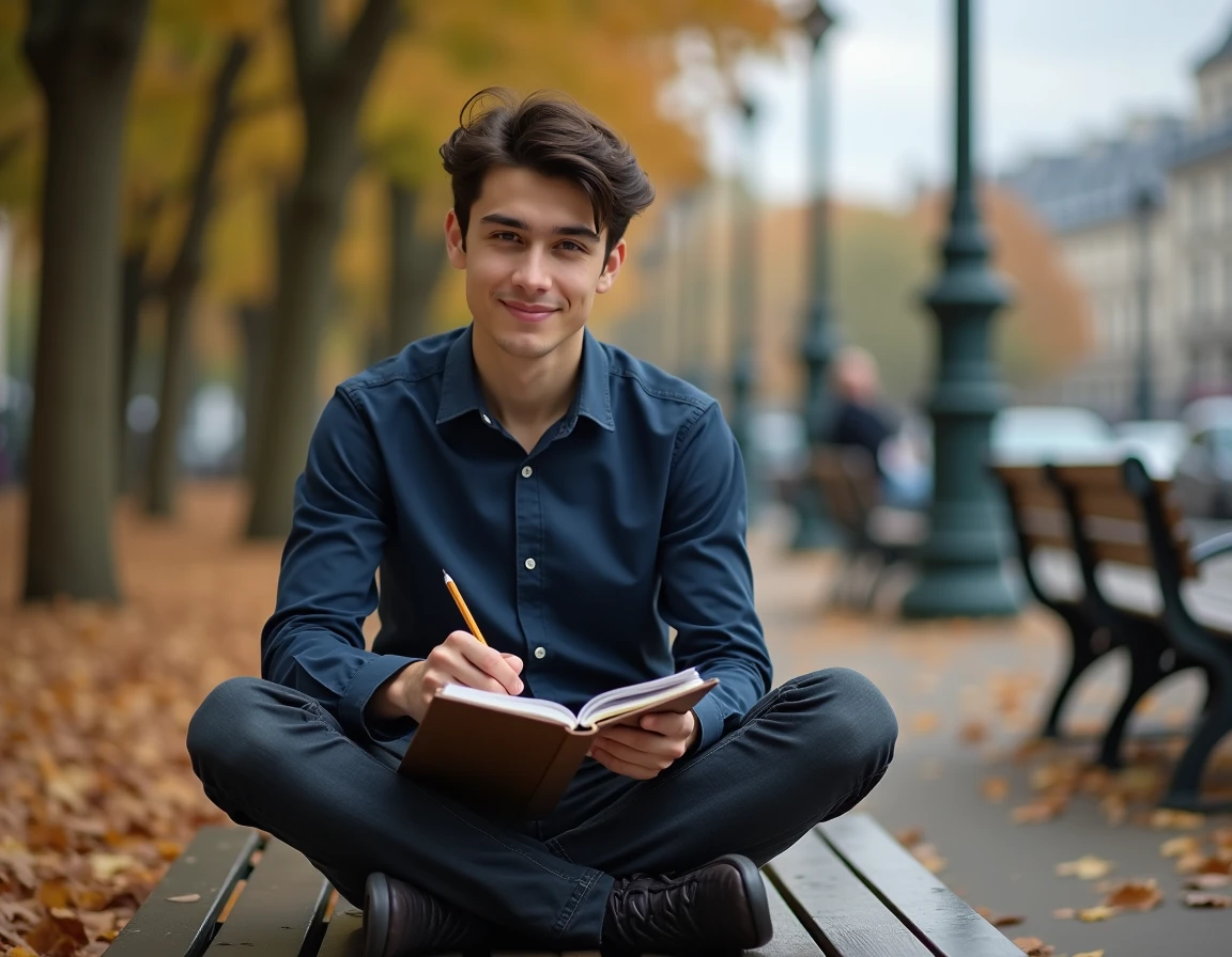 Compositeur Igor Tikovoï dans un parc parisien prenant des notes musicales dans son carnet de travail