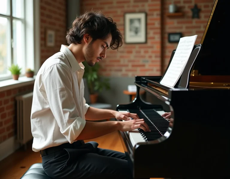 Igor Tikovoï, jeune compositeur talentueux, jouant du piano dans son studio de composition parisien