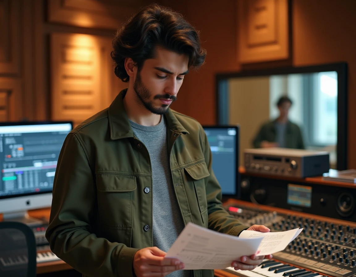 Jeune compositeur en studio d'enregistrement professionnel examinant ses partitions musicales